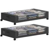 HOMCOM Boîte de Rangement sous Lit à Roulettes, Lot de 2, 40L, Fermeture Éclair, Cadre en Acier, Poignées, 78x44x16cm, Noir(m-17)