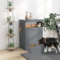 PawHut Pet Feeder Station, Dog, Cat Storage Container, with Raised Bowls, Hanger, Cabinet - Grey(m-2)