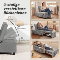 HOMCOM 4-in-1 Klappsessel mit Seitentasche, Gästebett mit Kissen, Verstellbarer Rückenlehne, Bettsessel mit Rollen, Hellgrau(m-5)