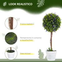 HOMCOM Set 2 Piante Artificiali Verdi a Sfera con Fiori di Lavanda e Vaso con Muschio e Cemento, Ø24x60 cm(m-4)