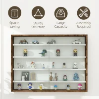HOMCOM 5-Tier Wall Display Shelf Unit Cabinet w/ 4 Adjustable Shelves Glass Doors Home Office Ornaments 60x80cm Rustic brown(m-6)