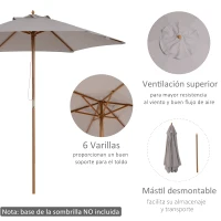 Outsunny Sombrilla de Jardín Ø250x230 cm Parasol de Terraza con Marco de Madera 6 Varillas Sistema de Cuerda e Impermeable Gris(m-4)