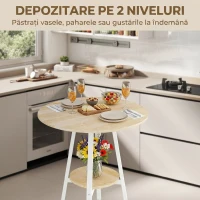 HOMCOM Masă Înaltă Rotundă cu Raft, Masă Modernă pentru Bucătărie sau Dining, PAL, Metal, Lemn Natural și Alb(m-4)