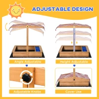 Outsunny Sand Pit Kids Wooden Sandbox with Cover Children Sandpit Play Station Height Adjustable with Canopy, Bottom Liner, Plastic Basins for Outdoor Aged 3-7 Years(m-4)