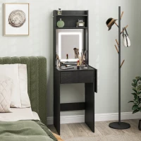 HOMCOM Small Vanity Desk with Mirror and LED Lights, Compact Dressing Table with Drop Leaf, Open Shelves and Drawer, Black(m-10)