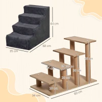 PawHut Scară Portabilă pentru Câini cu 4 Trepte, din Material de Catifea Detașabil și Lemn, 60x35x44 cm, Gri Închis(m-3)