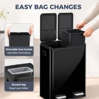 HOMCOM 2 x 30L Double Kitchen Bin, Stainless Steel Pedal Rubbish Bin with Dual Compartments, Soft Close Lids, High Gloss Black(m-7)