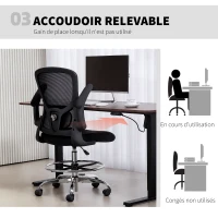 HOMCOM Chaise bureau ergonomique, chaise de dessin, support lombaire 4D, accoudoirs relevables, 60 x 60 x 108-132 cm, noir(m-6)