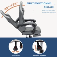 Fauteuil gaming avec repose-pieds, coussin appui-tête et lombaire moelleux, coussin de soutien amovible, 60x60x122 cm, Gris(m-3)