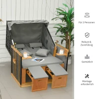 Outsunny strandstoel met dak rotan look klaptafel lichtgrijs 118 x 79 x 150 cm(m-7)