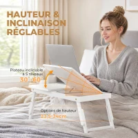 HOMCOM Table de lit pliable et réglable, plateau de lit pour ordinateur portable en bambou plateau inclinable 83,5x33x34cm blanc(m-4)