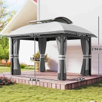 Outsunny Gazebo da Giardino 4x3 m con Zanzariere e Doppio Tetto, in Metallo e Poliestere Grigio Chiaro(m-3)
