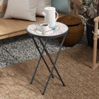 Outsunny Mozaïek Tuintafel, Opvouwbare ronde terrastafel met Metalen Frame en Keramische Tafelblad, Mozaïekpatroon, Meerkleurig(m-8)