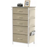 HOMCOM Chest of Drawers, Dresser with 5 Fabric Drawers, Tall Storage Unit with 4 Pockets and 2 Hooks Steel Frame, Natural Wood(m-15)