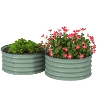 Outsunny 2-delige Set Verzinkte Plantenbakken, Ø60 x 30H cm Bloempotten met Open Bodem voor Verschillende Planten, Groen(m-11)