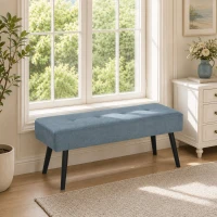 HOMCOM Upholstered Bedroom Entryway Bench, Modern Corduroy Tufted End of Bed Bench with Padded Seat and Steel Legs, Blue(m-9)
