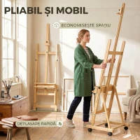 Vinsetto Șevalet Pictură Pliabil cu Roți, pentru Pânze, din Fag, Reglabil, Lemn de fag, Culoare Lemn(m-5)