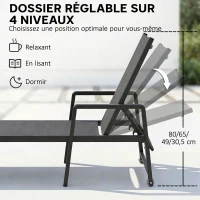 Outsunny Chaise Longue Jardin en Textilène et Aluminium, Réglable à 4 Positions avec Roues et Accoudoirs, 65x189x80cm, Gris Foncé(m-4)
