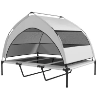 PawHut Hondenbed Outdoor met Dak, Verhoogd Hondenbed voor Extra Grote Honden, met Stalen Frame, 122x92x94cm, Lichtgrijs(m-10)