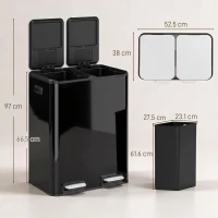 HOMCOM 2 x 30L Double Kitchen Bin, Stainless Steel Pedal Rubbish Bin with Dual Compartments, Soft Close Lids, High Gloss Black(m-3)