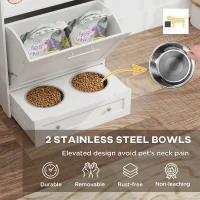 PawHut Pet Feeder Station, Dog, Cat Storage Container, with Raised Bowls, Hanger, Cabinet - White(m-4)
