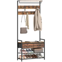 HOMCOM Porte-Manteau 5 en 1, Banc, Tringle, 10 Crochets Amovibles, 2 Tiroirs, Étagère à Chaussures, 80x30x181,5cm Brun Rustique(m-13)