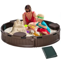 Outsunny Sand Pit Kids Outdoor Plastic Round Sandbox w/ Water-Resistant Oxford Cover Bottom Fabric Liner for 3-12 years Brown(m-1)