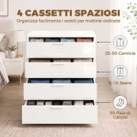 HOMCOM Cassettiera 4 Cassetti Moderna con Guide Scorrevoli, 70x34x79 cm, Bianco Lucido(m-5)
