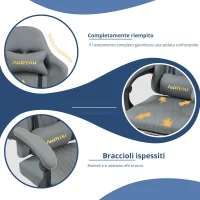 Sedia gaming con poggiapiedi, morbido cuscino per collo e lombare, cuscini di supporto rimovibili, 60x60x122 cm, Grigio(m-7)