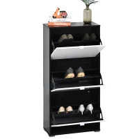 HOMCOM Meuble à Chaussures 3 Portes abattantes 3 Compartiments MDF Noir Blanc laqué(m-1)