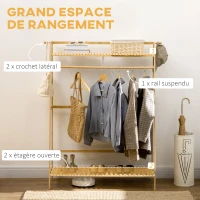 HOMCOM Portant à vêtements penderie porte-manteau avec 2 étagères 2 crochets et 1 barre de suspension en bambou(m-4)