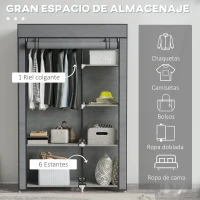 HOMCOM Armario de Tela Plegable Ropero Portátil con 6 Estantes y 1 Barra de Colgar para Dormitorio 103x43x162,5cm Gris Oscuro(m-4)