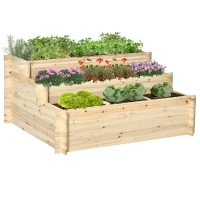 Outsunny Houten Verhoogde Bloembak, 3 Lagen, Voering van Vliesstof, Gelakt Natuurlijk Hout, 117 x 100 x 54 cm(m-11)