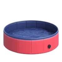 PawHut Foldable Dog Pool for Puppies and Ducks, Thickened PVC Dog Paddling Pool Bath Tub Hard Board, Anti-Slip Bottom and Drainage Hole, 80 x 20cm, Red and Blue(m-10)