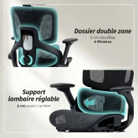 HOMCOM Chaise Bureau Ergonomique avec Accoudoirs 4D Appui-Tête et Profondeur d'Assise Réglables Maille Noir(m-5)