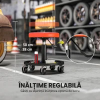 HOMCOM Scaun de atelier cu roți, scaun de mecanic, reglabil 38-50 cm, tavă pentru unelte, 135 kg, portocaliu(m-5)