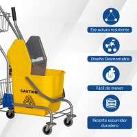 HOMCOM Cubo de Fregar con Ruedas Escurridor de Presión y Cestas de Almacenamiento Capacidad de 26 L 73x45x95 cm Amarillo(m-7)