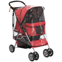 PawHut Dog Stroller with Rain Cover for Small Miniature Dogs, Folding Pet Pram with Cup Holder, Storage Basket, Reflective Strips, Red(m-1)