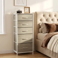 HOMCOM Chest of Drawers, Dresser with 5 Fabric Drawers, Tall Storage Unit with 4 Pockets and 2 Hooks Steel Frame, Natural Wood(m-2)