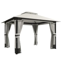 Outsunny 3 x 3.6 m Outdoor Garden Gazebo with Netting and Curtains, Double Roof Patio Gazebo Permanent Pavilion, Light Grey(m-1)