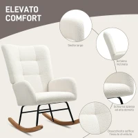 HOMCOM Sedia a Dondolo in Velluto Teddy, Metallo e Legno per Camera da Letto e Soggiorno, 70x94x100 cm, Bianco Crema(m-5)
