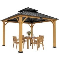 Outsunny 3.5 x 3.5m Outdoor Hardtop Gazebo Canopy with Two-tier Metal Roof and Solid Wood Frame Outdoor Patio Shelter for Patio, Garden, Black(m-11)