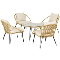 Outsunny Gartensitzgrupp 5-teilige Gartensitzgruppe Gartemöbel-Set, Boho-Stil, 82 cm x 82 cm x 50 cm,  Cremeweiß + Natur(m-11)