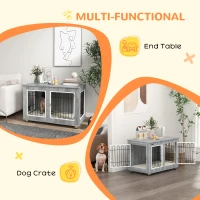 PawHut Dog Crate Furniture End Table, with Washable Cushion, Double Doors, for Medium/Large Dogs, Grey(m-5)