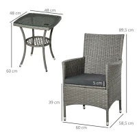 Outsunny Conjunto de Muebles para Jardín Juegos de Muebles de Ratán Incluye 1 Mesa y 2 Sillones con Cojines Estructura de Metal para Terraza Patio Gris(m-3)