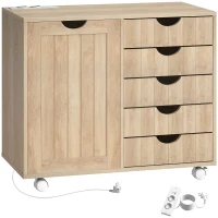 HOMCOM Mueble para Impresora con Estación de Carga y Ruedas 5 Cajones Puertos USB Estante Ajustable Natural(m-1)