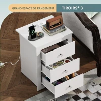 Table de chevet avec 3 tiroirs, station de charge intégrée, design rustique moderne, 46,5x39,6x58,7 cm, blanc(m-5)