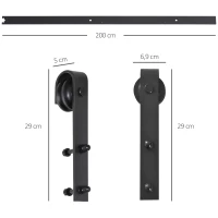 HOMCOM Glijrailsset voor schuifdeur, tot 90 kg, koolstofstaal, 200 cm, zwart, inclusief gereedschap(m-3)