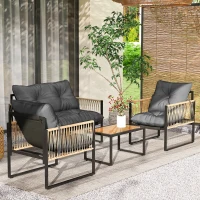 Outsunny Gartenmöbel-Set, 4-teilig, Sofa, 2 Stühle, Tisch mit Glasplatte, Metallgestell, Polyrattan, Anthrazit(m-7)
