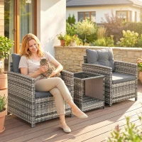 Outsunny Salon de Jardin Extérieur 3 Pièces en Résine Tressée Table et 2 Fauteuils avec Coussins, 62x65x75cm, Gris Clair(m-9)